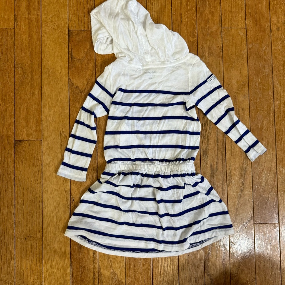 Ralph Lauren Baby Girls White Blue Striped Hooded Long Sleeve Modal‎ Dress 9M